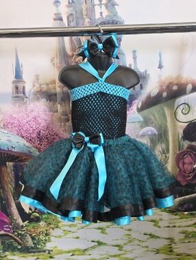 Handmade Girls Turquoise and Black Tutu Dress with Satin Bows